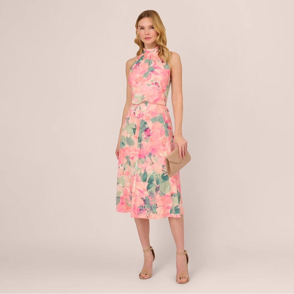 Adrianna Papell Floral Print Chiffon Halter Dress With Mock Neck In Blush Multi